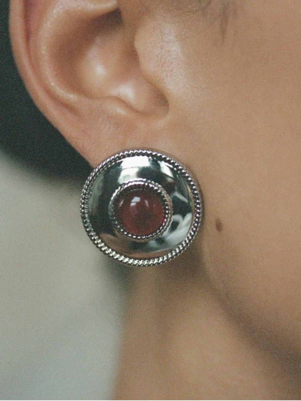 Luv AJ Shiraz Silver-Tone Disc Earrings with Red Cabochon